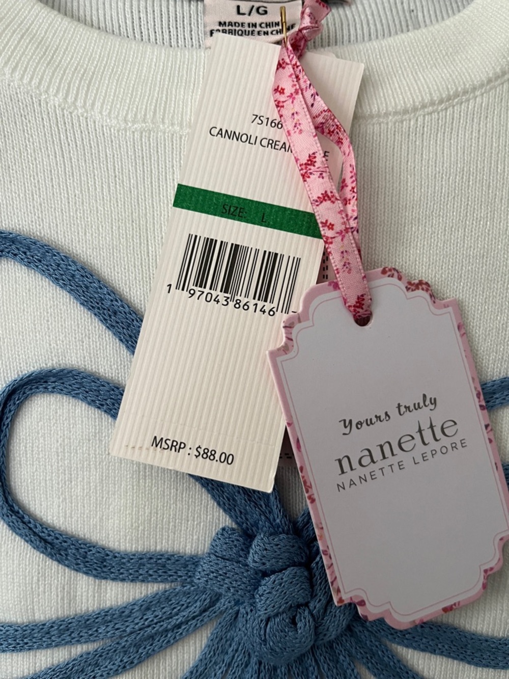 Nannette White Sweater with Blue Bow and Striped Hem - Picture 4 of 7